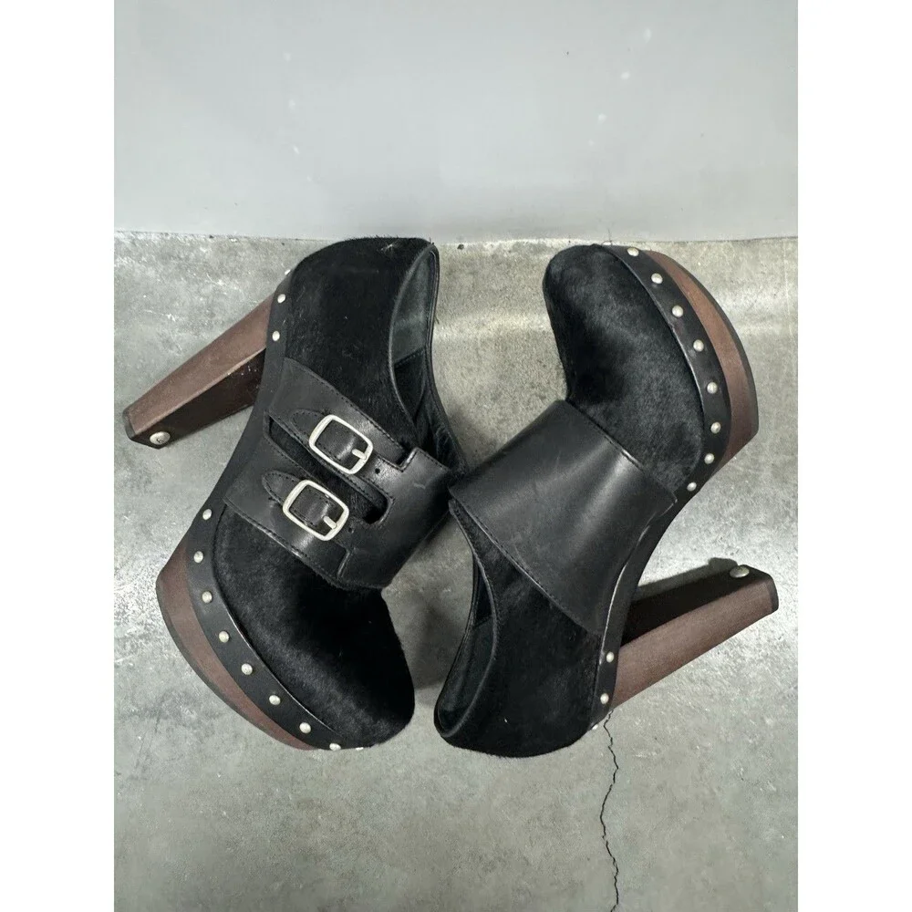 UGG Illana Black Pony Hair Platform High Heel Studded Sherpa Booties Heels   8.5